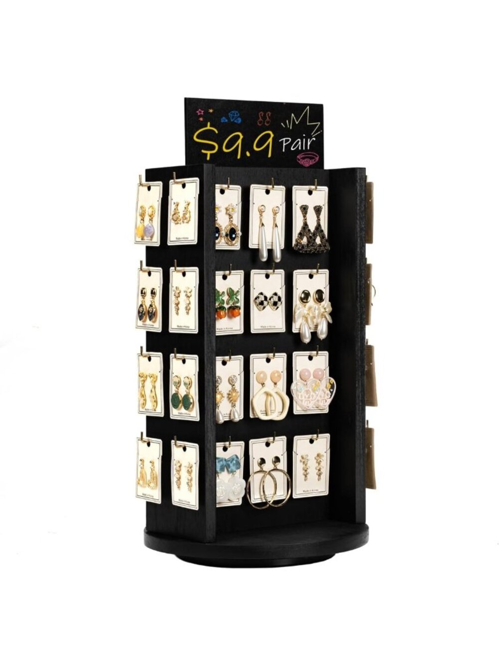 Wooden Rotating Earring Display Stand with Advertising Board - Large Capacity